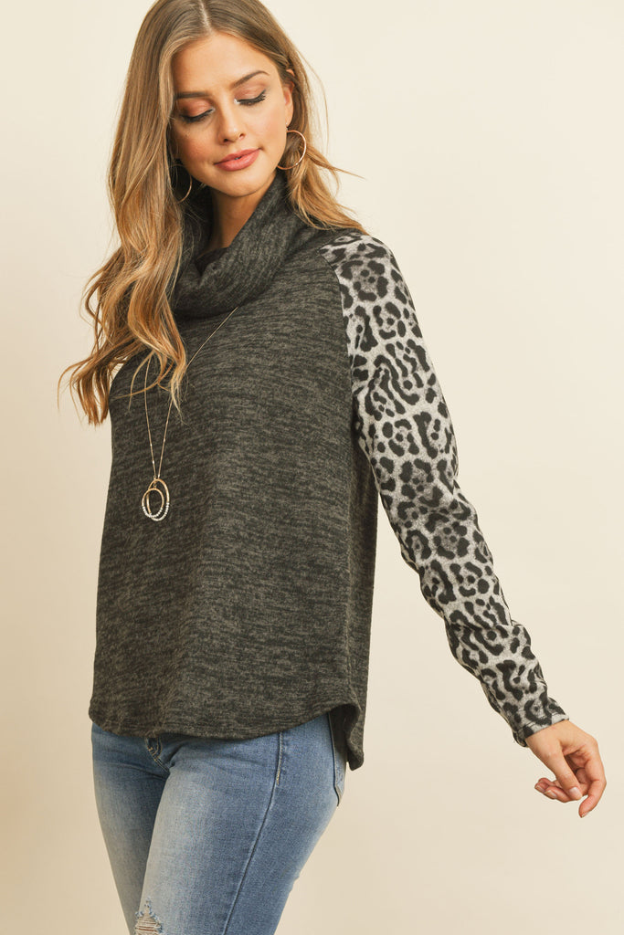 Leopard Sleeve Cowl Neck Two Tones Hacci Top