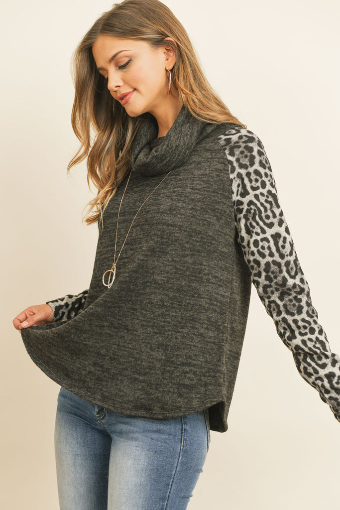 Leopard Sleeve Cowl Neck Two Tones Hacci Top