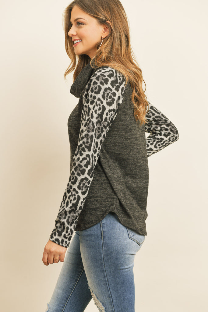 Leopard Sleeve Cowl Neck Two Tones Hacci Top