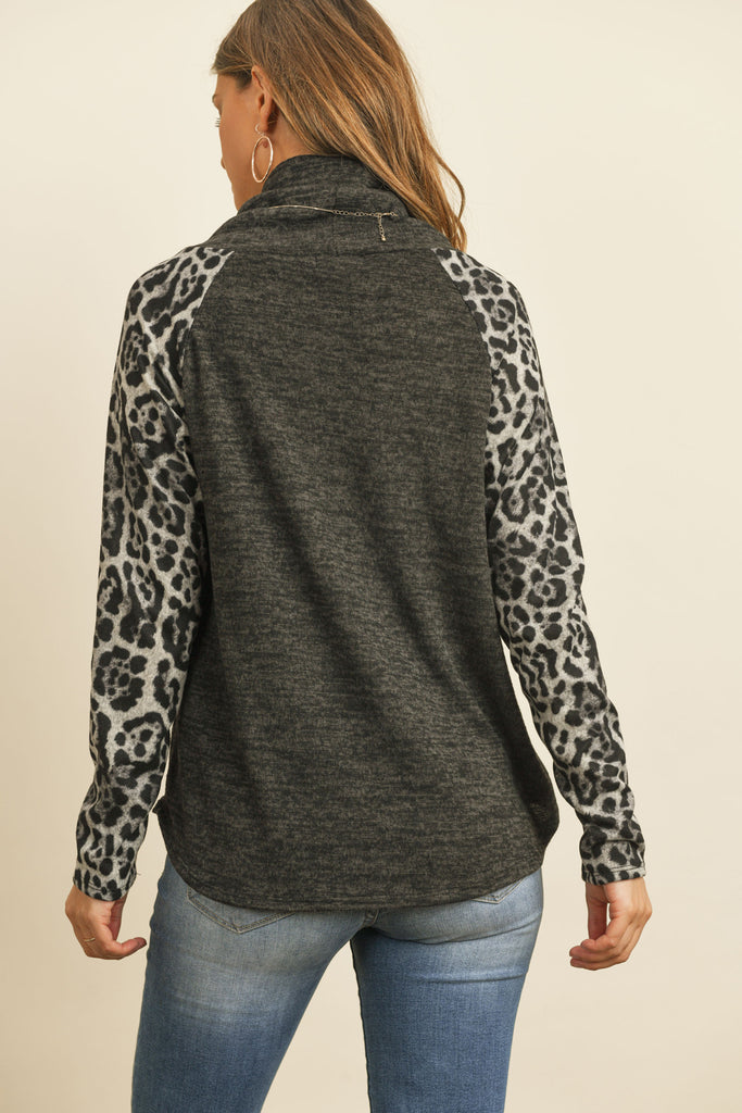 Leopard Sleeve Cowl Neck Two Tones Hacci Top