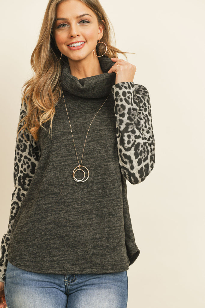 Leopard Sleeve Cowl Neck Two Tones Hacci Top