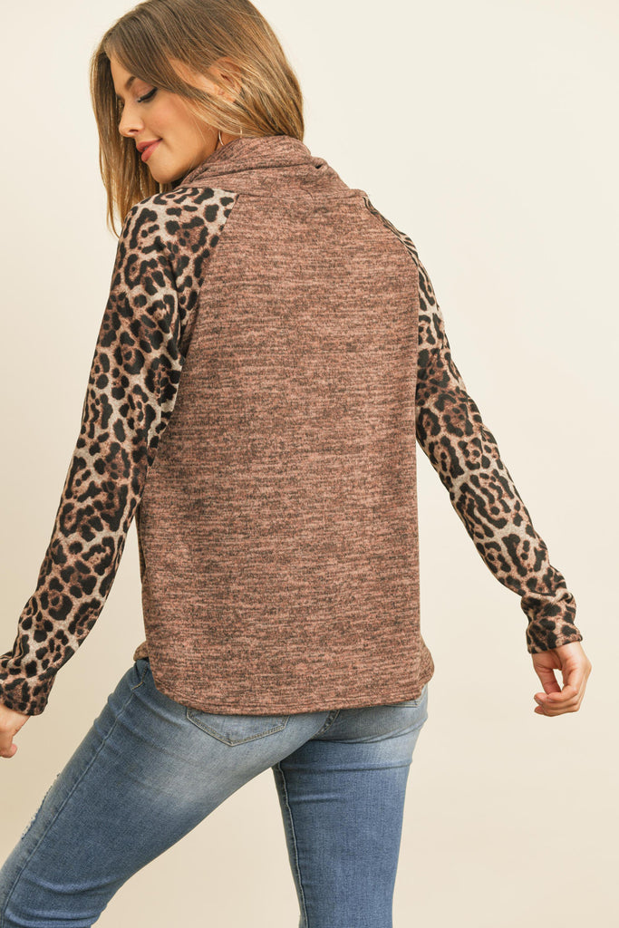 Leopard Sleeve Cowl Neck Two Tones Hacci Top