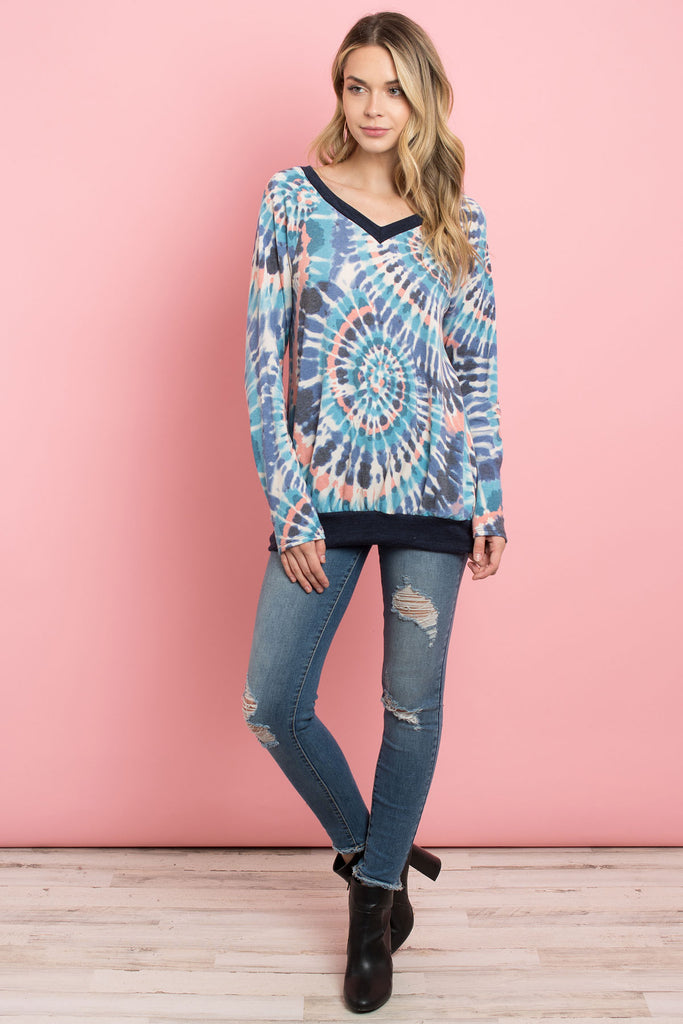 V-Neck Band And Hem Contrast Tie Dye Top