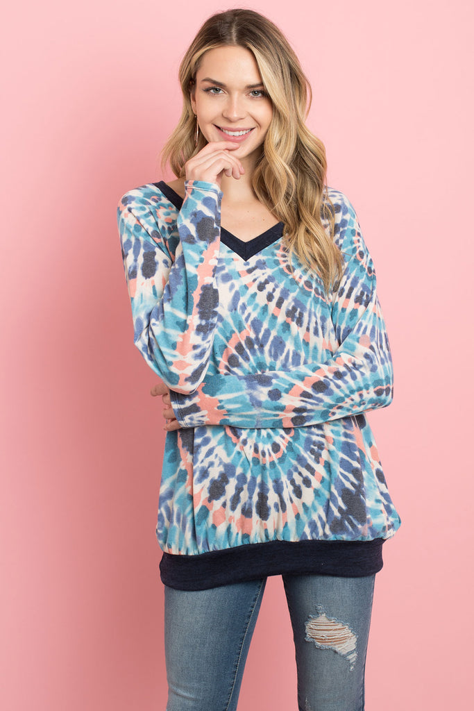 V-Neck Band And Hem Contrast Tie Dye Top