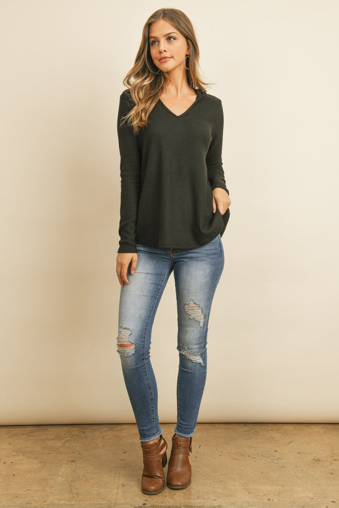 V-Neck Long Sleeved Waffle Top