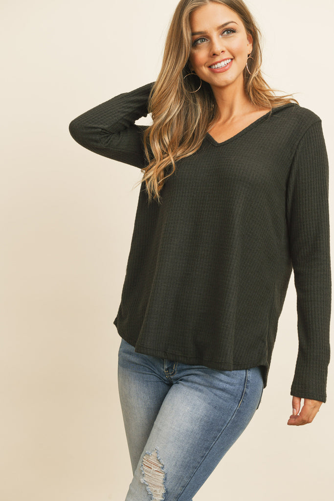 V-Neck Long Sleeved Waffle Top