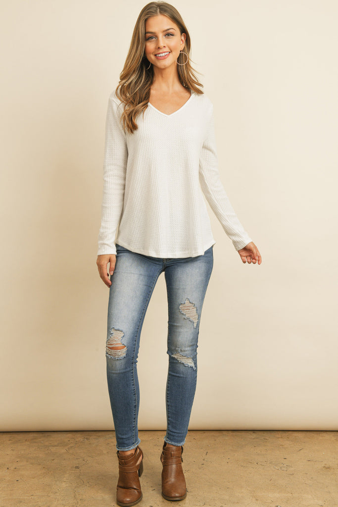 V-Neck Long Sleeved Waffle Top