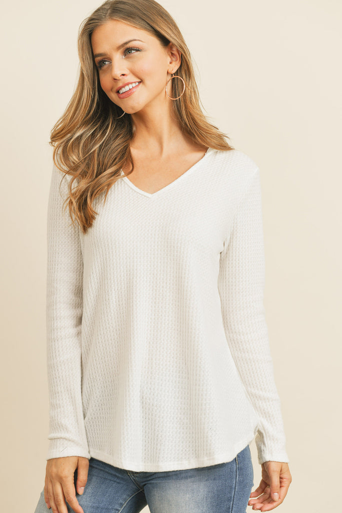 V-Neck Long Sleeved Waffle Top