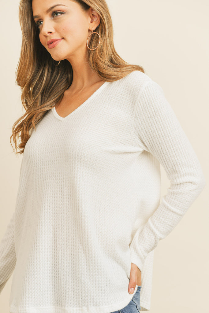 V-Neck Long Sleeved Waffle Top