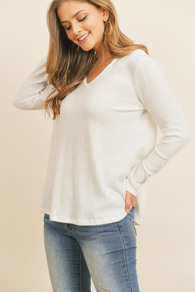 V-Neck Long Sleeved Waffle Top