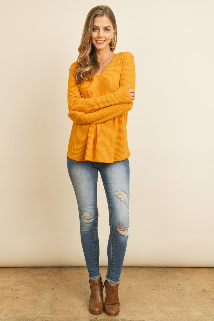 V-Neck Long Sleeved Waffle Top