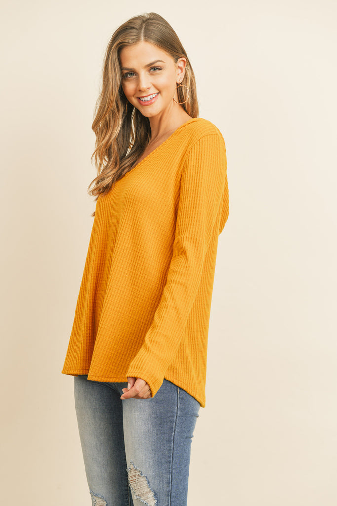 V-Neck Long Sleeved Waffle Top