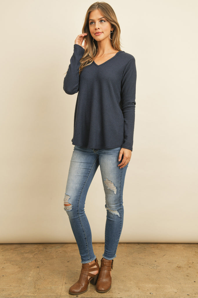 V-Neck Long Sleeved Waffle Top