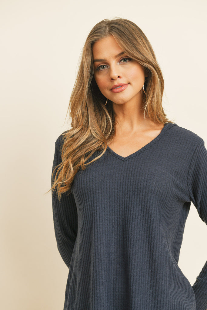 V-Neck Long Sleeved Waffle Top