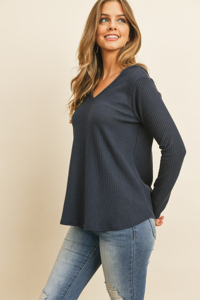 V-Neck Long Sleeved Waffle Top