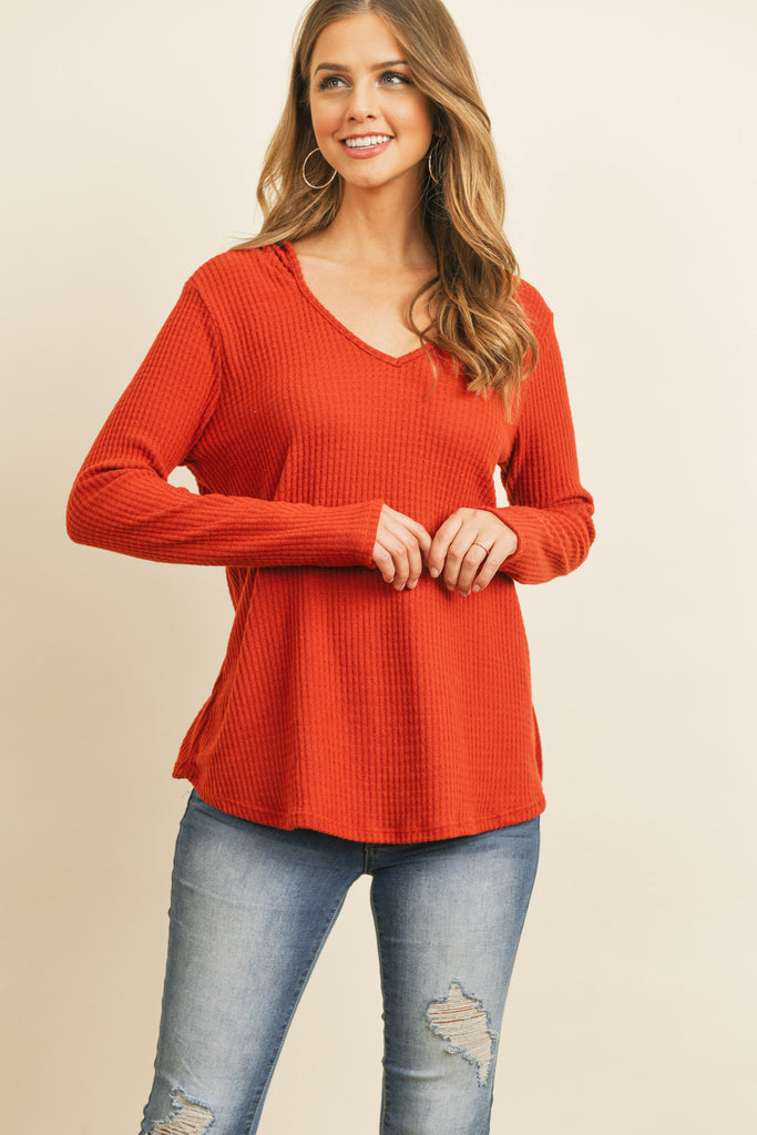 V-Neck Long Sleeved Waffle Top