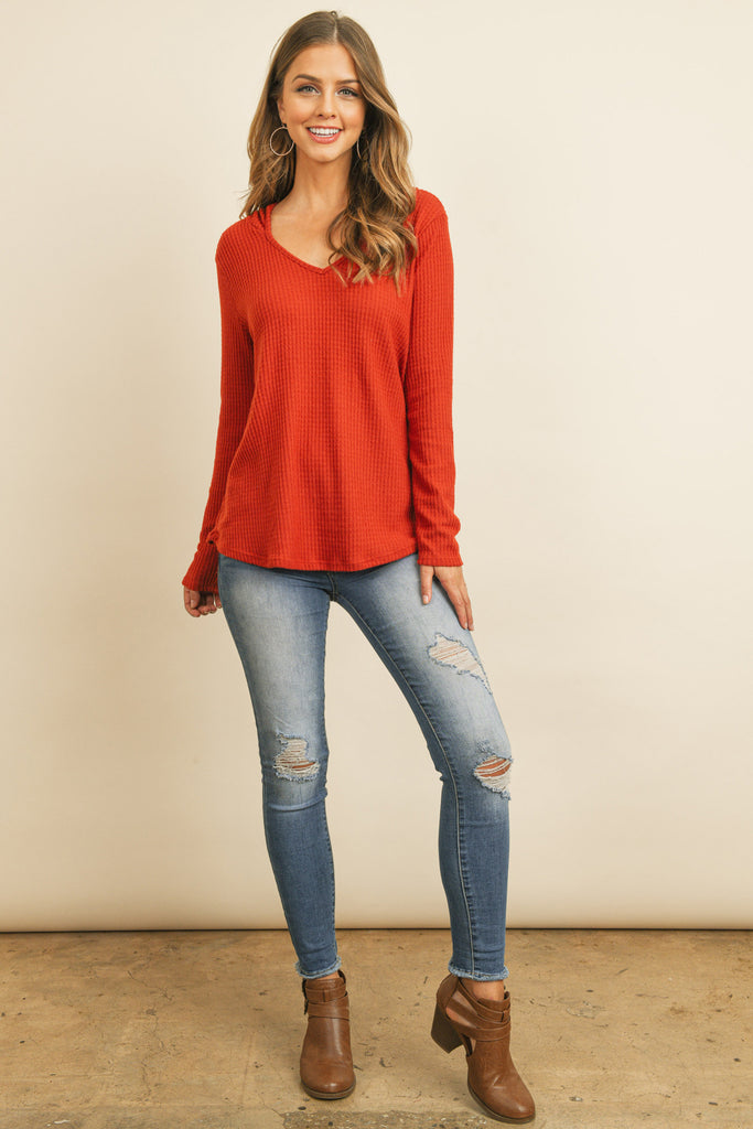 V-Neck Long Sleeved Waffle Top