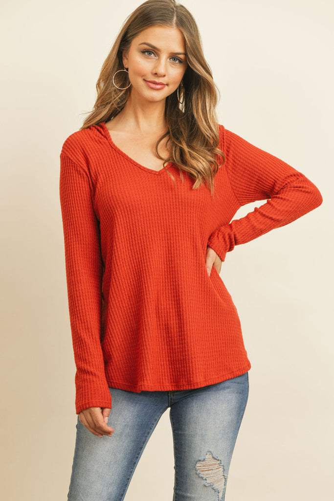 V-Neck Long Sleeved Waffle Top