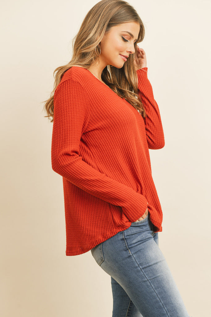 V-Neck Long Sleeved Waffle Top