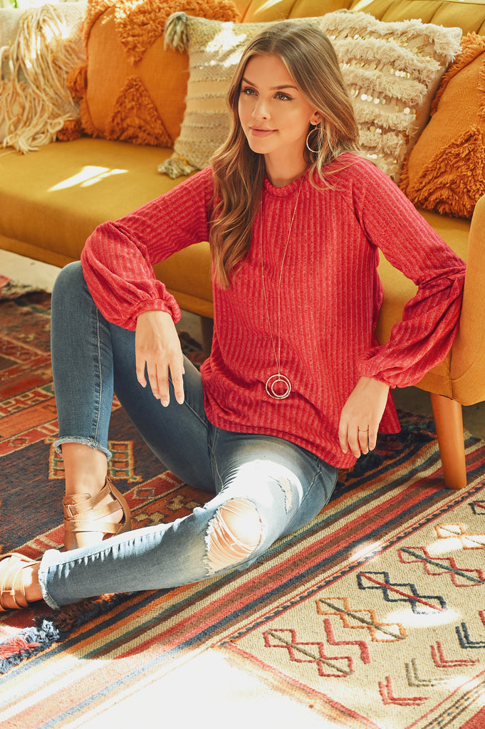 Tiered Puff Sleeved Brushed Rib Top