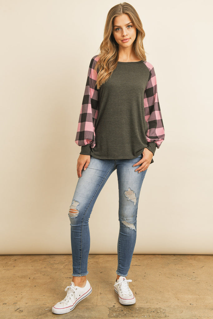 Plaid Puff Sleeved Round Neck Top