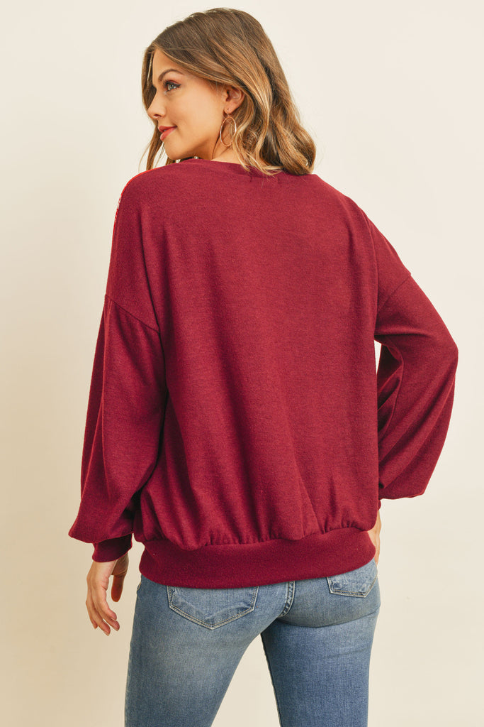 Puff Sleeved Knit Contrast Brushed Hacci Sweater