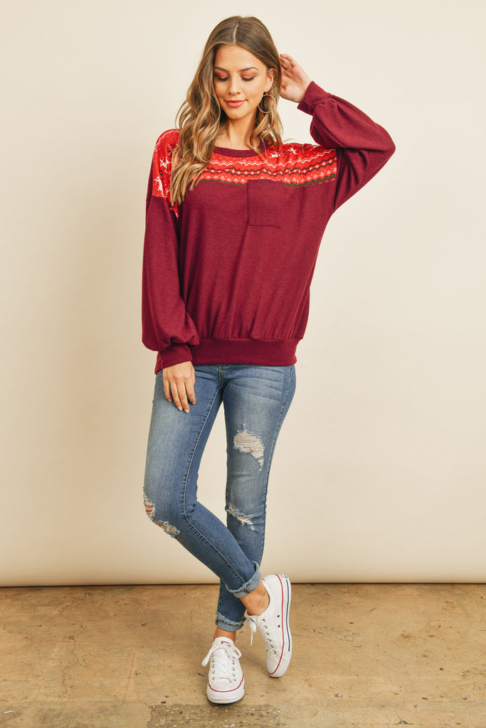 Puff Sleeved Knit Contrast Brushed Hacci Sweater