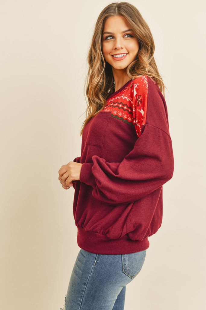 Puff Sleeved Knit Contrast Brushed Hacci Sweater