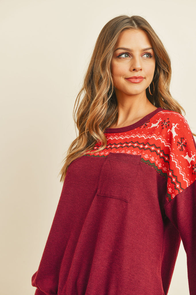 Puff Sleeved Knit Contrast Brushed Hacci Sweater