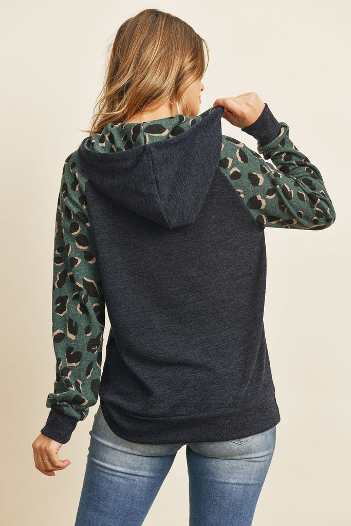 Self Tie Leopard Contrast Kangaroo Pocket Hoodie