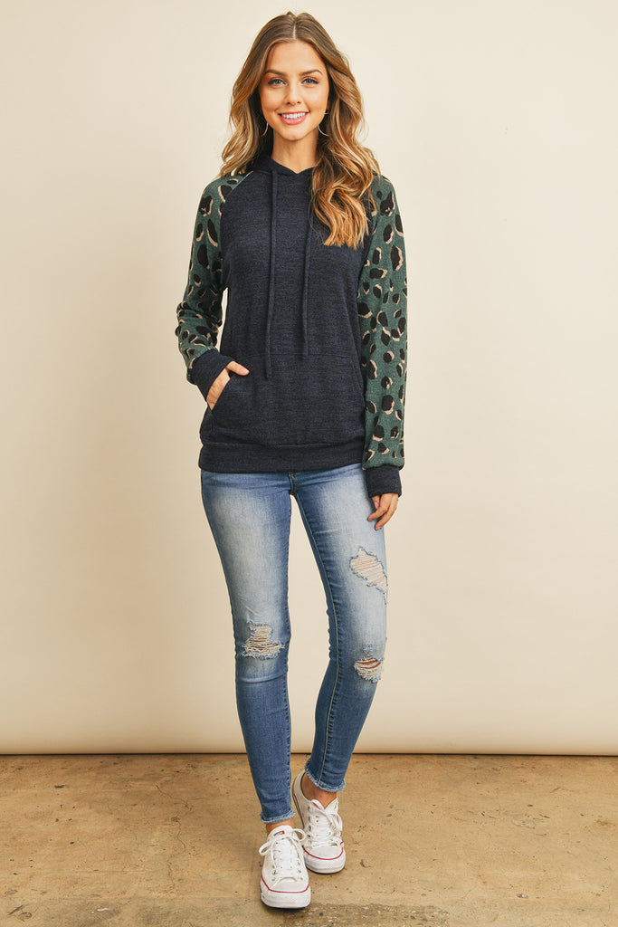 Self Tie Leopard Contrast Kangaroo Pocket Hoodie