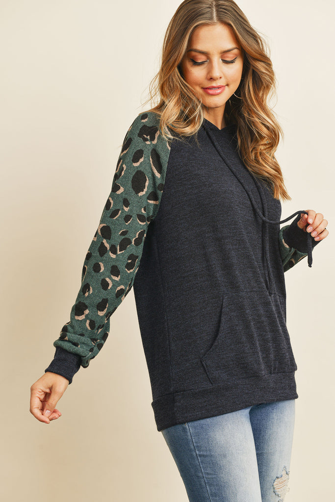 Self Tie Leopard Contrast Kangaroo Pocket Hoodie