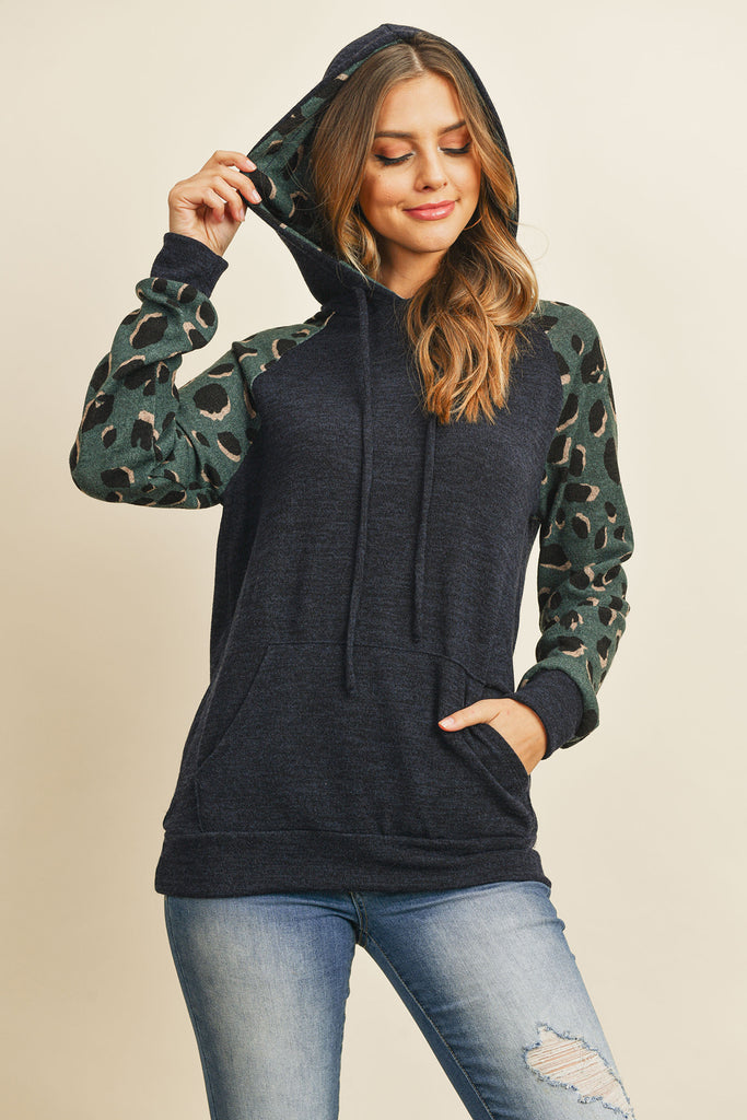 Self Tie Leopard Contrast Kangaroo Pocket Hoodie
