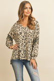 Leopard Puff Sleeved Contrast Long Back Hem Top With Side Slit