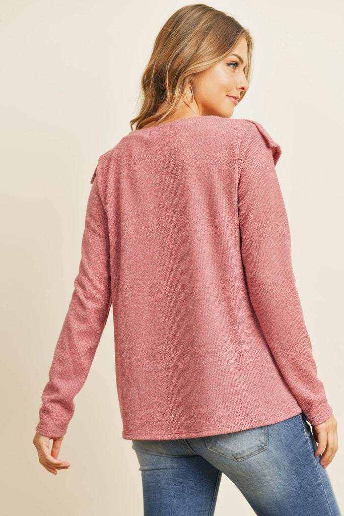 V-Shaped Ruffle Detail Long Sleeve Top
