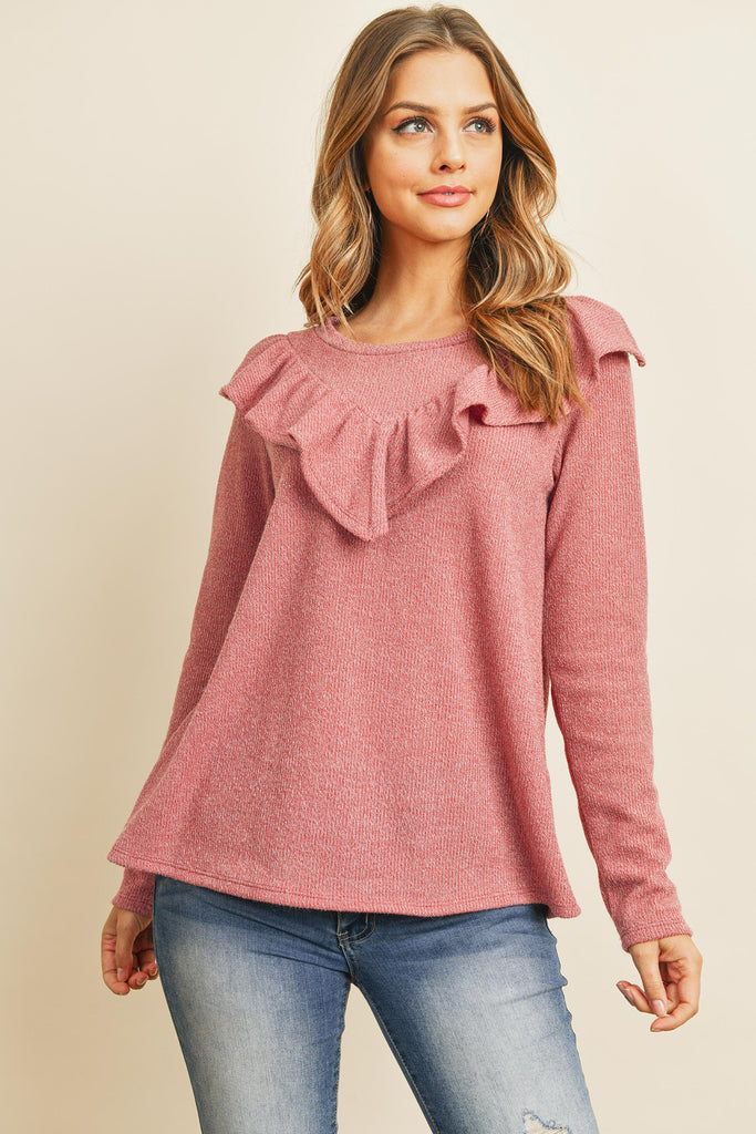 V-Shaped Ruffle Detail Long Sleeve Top