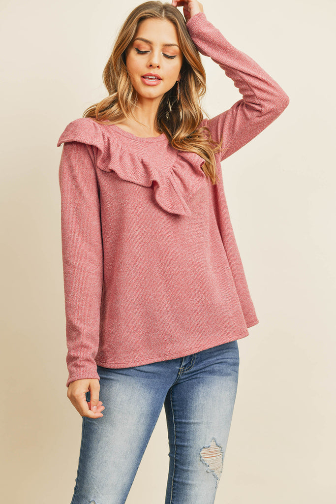 V-Shaped Ruffle Detail Long Sleeve Top