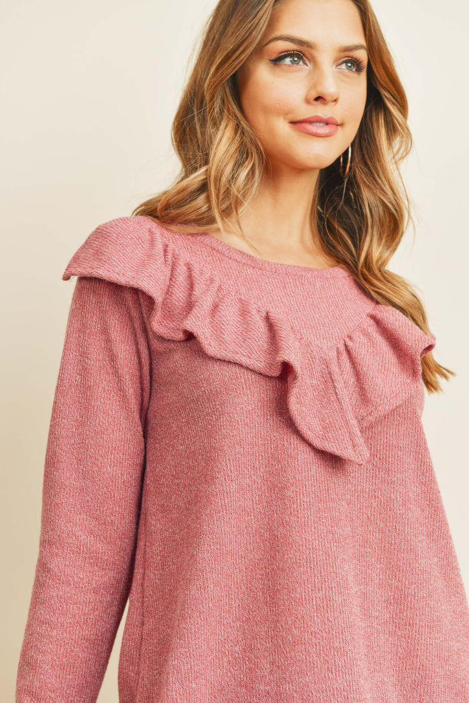 V-Shaped Ruffle Detail Long Sleeve Top