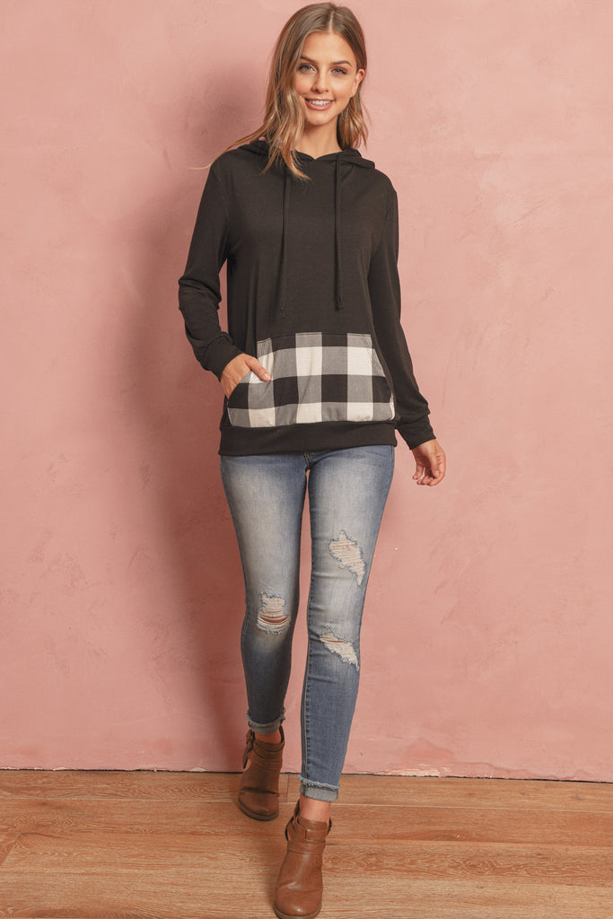 Long Sleeved Plaid Pocket Contrast Hoodie With Drawstrings