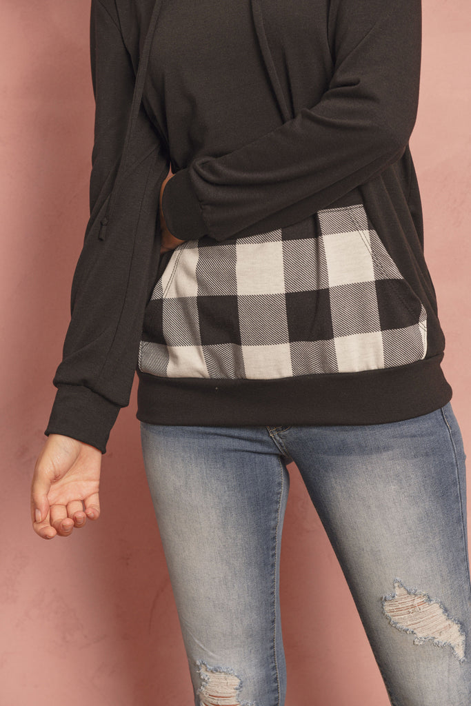Long Sleeved Plaid Pocket Contrast Hoodie With Drawstrings