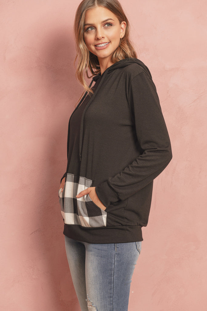 Long Sleeved Plaid Pocket Contrast Hoodie With Drawstrings