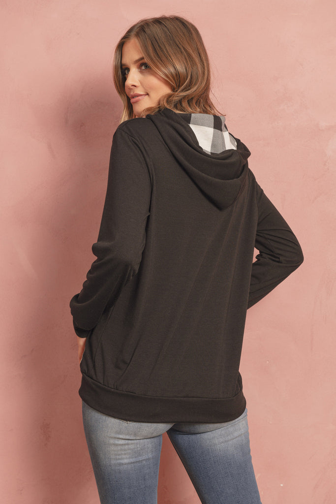 Long Sleeved Plaid Pocket Contrast Hoodie With Drawstrings
