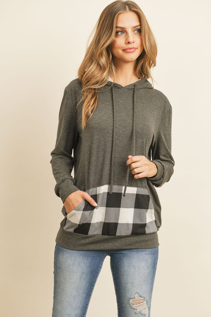 Long Sleeved Plaid Pocket Contrast Hoodie With Drawstrings