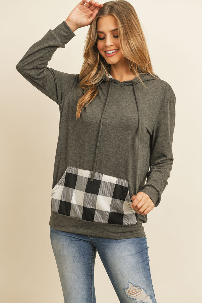 Long Sleeved Plaid Pocket Contrast Hoodie With Drawstrings
