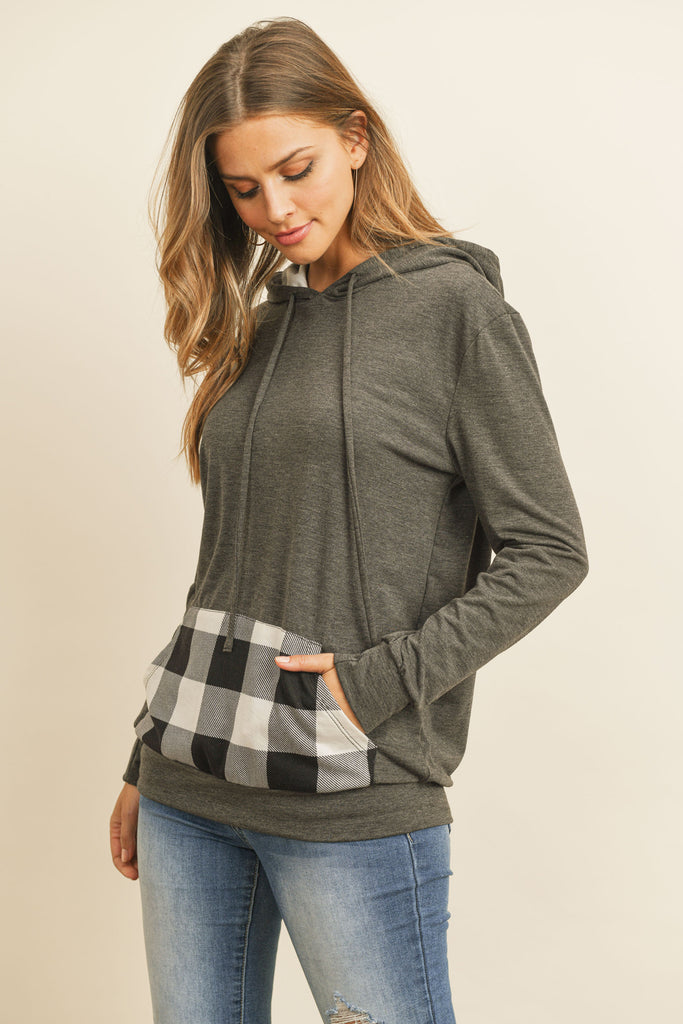 Long Sleeved Plaid Pocket Contrast Hoodie With Drawstrings