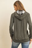 Long Sleeved Plaid Pocket Contrast Hoodie With Drawstrings