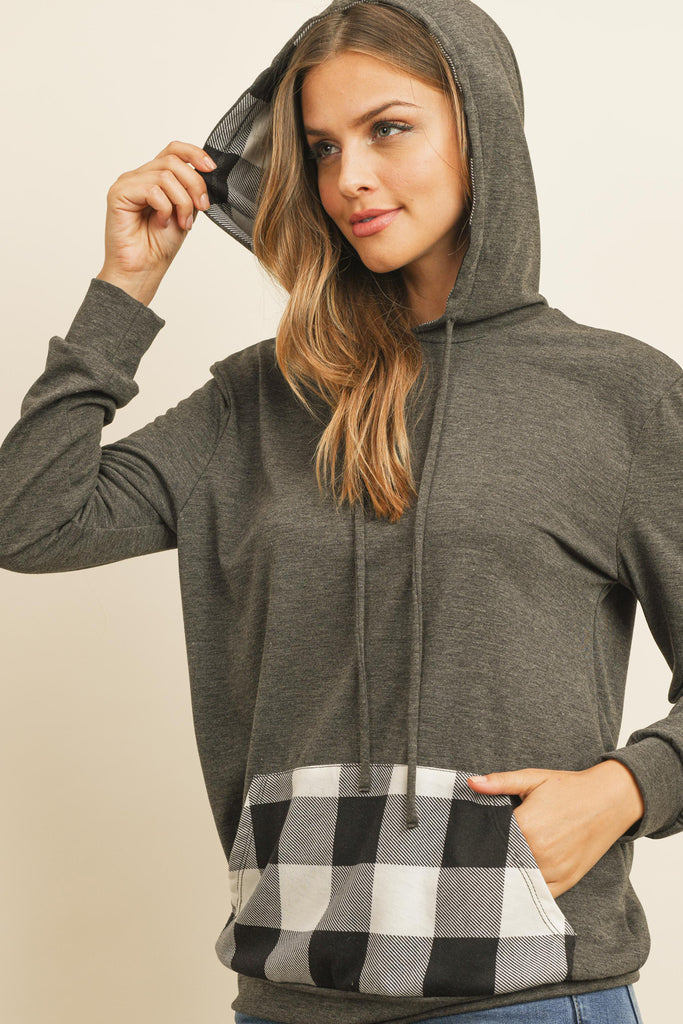 Long Sleeved Plaid Pocket Contrast Hoodie With Drawstrings