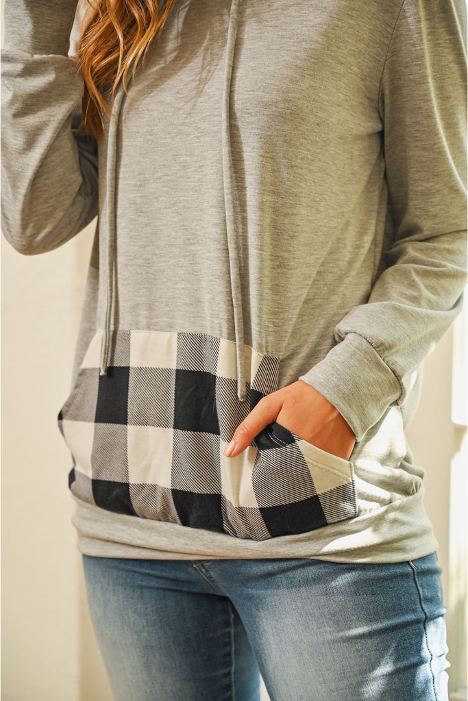 Long Sleeved Plaid Pocket Contrast Hoodie With Drawstrings