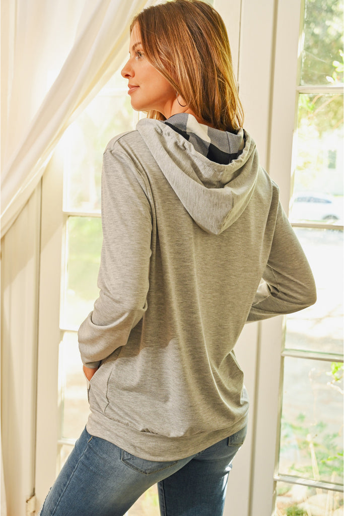 Long Sleeved Plaid Pocket Contrast Hoodie With Drawstrings