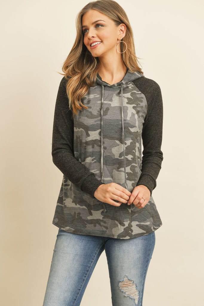 Self Tie Rib Hacci Brushed Sleeve Camouflage Hoodie